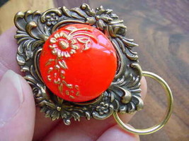 E467 vintage red flower button Eyeglass BRASS pin pendant ID holder glasses loop - £15.68 GBP