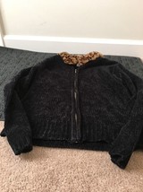Willow Bay Girls Black Zip Up Cardigan Leopard Print Fleece Collar Jacket Sz M - £34.73 GBP
