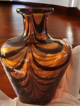 Haandblown Small Vase Bottle Brown Black Pulled Feather Tiger Stripe 4.5&quot; - $39.27