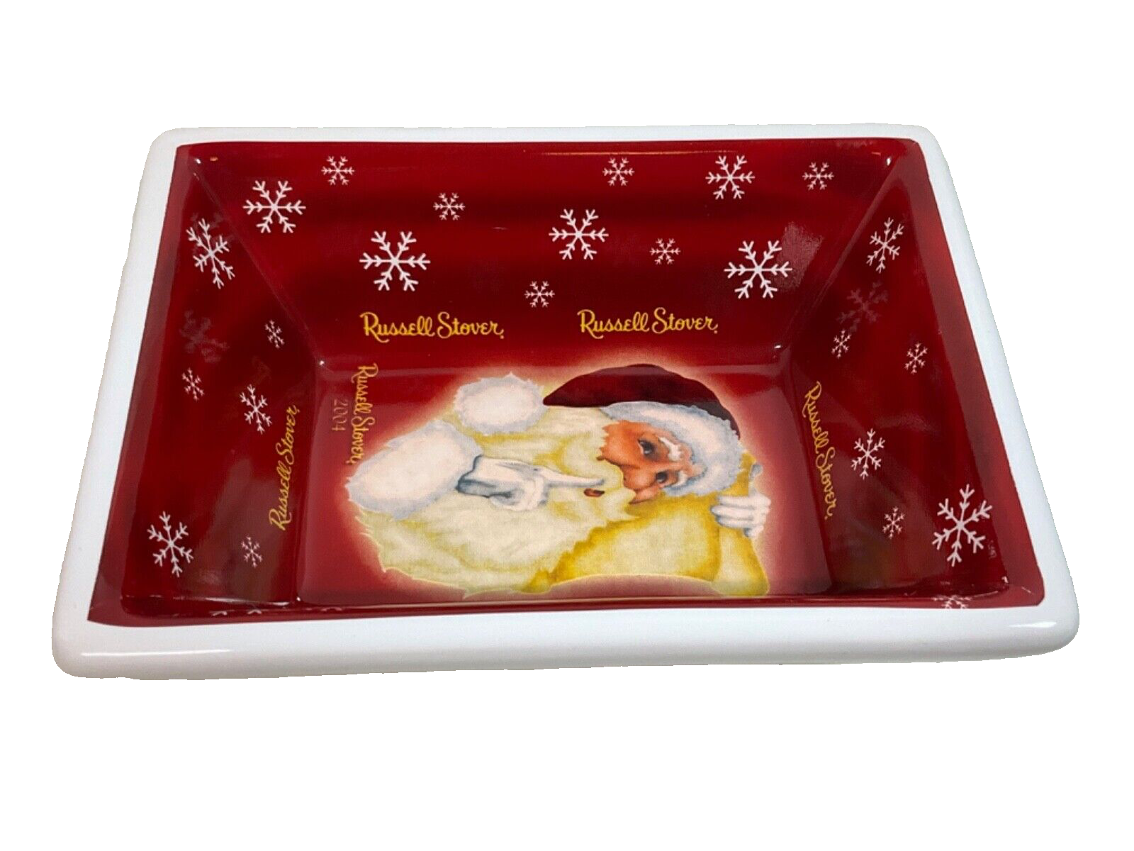 2004 Russel Stover Ceramic Christmas Candy Dish Santa Snowflakes