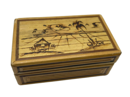 Vintage Small Square Rattan Bamboo Woven Trinket Box Wood Burned Boho 3.75&quot; - £11.22 GBP