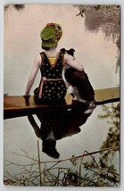 RPPC Lovely Bathing Beauty With Dog Woman Reflection Color Photo Postcard P28 - $19.95