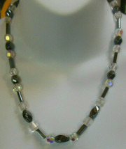 Vintage Hematite &amp; Clear &amp; Crystal Glass Bead Necklace Heavy - £29.58 GBP