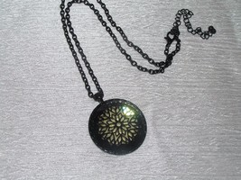 Estate Black Enamel Open Oval Chain Link with Lacey Flower Plastic Faceted Round - £8.30 GBP