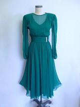 Vintage 70s Ann Hobbs for Cattiva Emerald Green Chiffon Evening Cocktail Dress M - £64.33 GBP