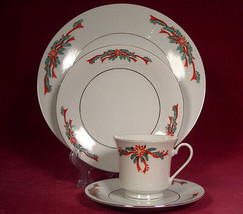 16 Pc Poinsettia &amp; Ribbons Dinner Plate Salad Cup Saucer Christmas Dinnerware - £37.30 GBP