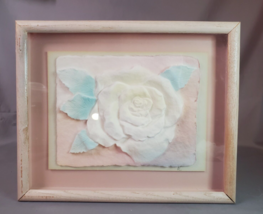 Figi Graphics White Rose Hand Cast Paper 3D Pastel Framed Wall Art Signed PC Vtg - £14.23 GBP