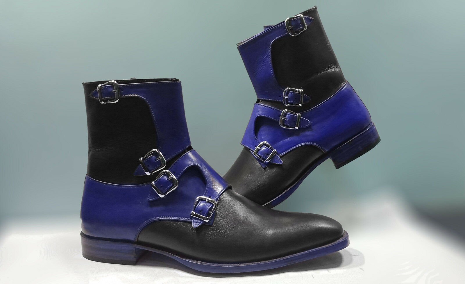 Two Tone Blue Black Contrast Tetra Monk Buckle Strap Ankle Leather Boots US 7-16