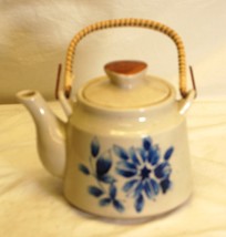 Teapot Tea Pot Cobalt Blue Floral Designs Wicker Handle - $29.69
