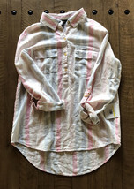 NWT $89 Ellen Tracy Linen Boho Top Tunic Shirt button Long Roll Up Sl MedStriped - £22.39 GBP