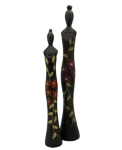 Pair Lovely Wooden Sleek Tall African Lady Figurines Hand Painted Floral Dress - £18.15 GBP