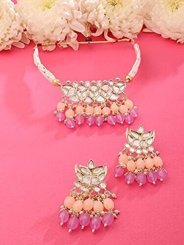 Primary image for Peach Layer Beads Kundan Multistrand Kundan Choker Necklace Earring Jewelry Set