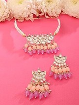 Peach Layer Beads Kundan Multistrand Kundan Choker Necklace Earring Jewelry Set - £21.93 GBP
