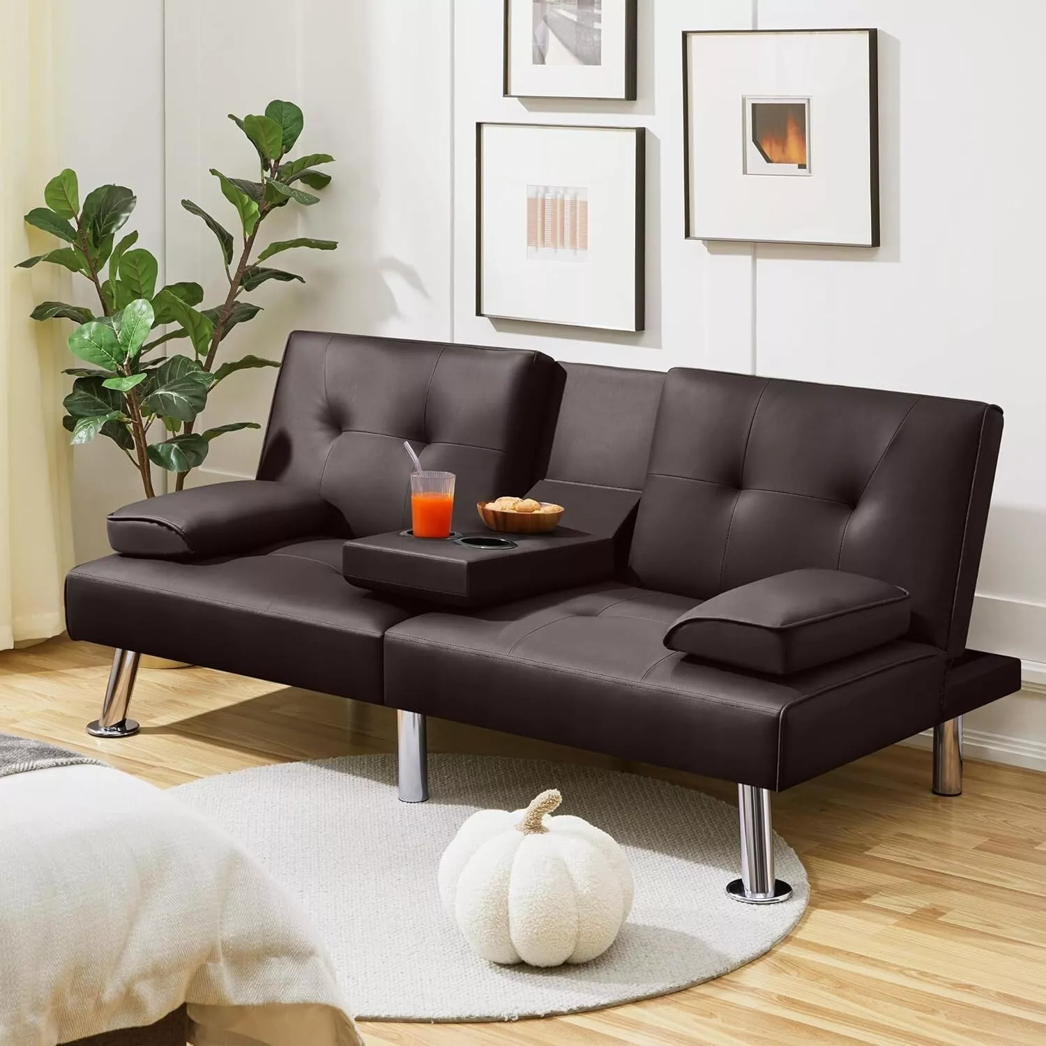 Brown Faux Leather Futon Sleeper Sofa Bed: Modern Recliner Couch with Cu... - $266.95 CAD