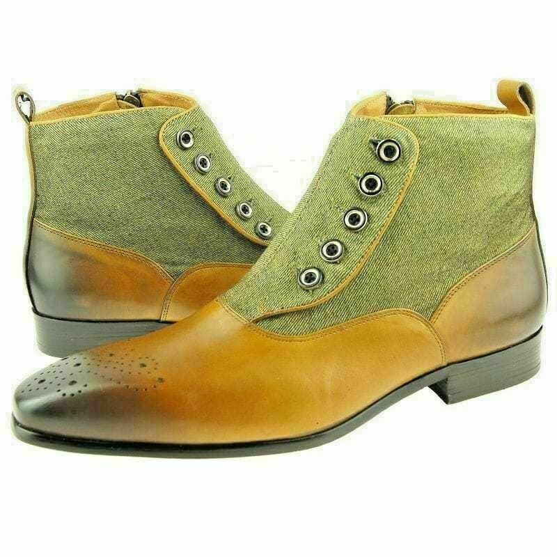 Männer handgefertigte zweifarbige Taste gelb / grüne Taste Top Denim Button Boot