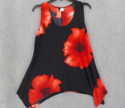 JOSTAR SLEEVELESS TUNIC TANK TOP SZ L BLACK RED HIBISCUS POINT HEM SPAND... - £23.94 GBP