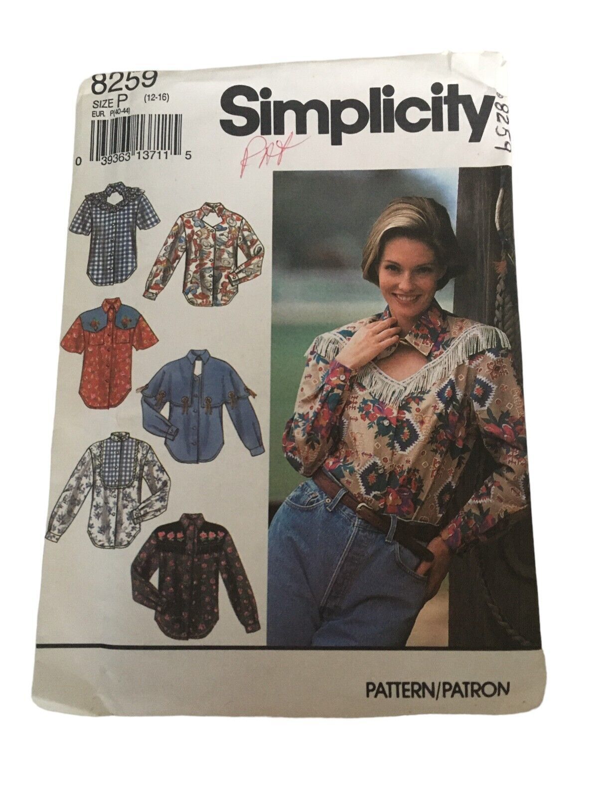 Simplicity Sewing Pattern 8259 Western Shirt Button Down Country Casual UC 12 16 - $5.99
