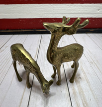 Brass Deer Set Vtg Mid Century Modern 6”Spotted Buck &amp; Doe Reindeer Set Korea - £30.72 GBP