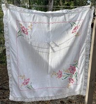 Vtg Lace Pink Floral Hand Cross Stitched Linen Tablecloth near Sq. 36&quot; x 37&quot;asis - £27.04 GBP