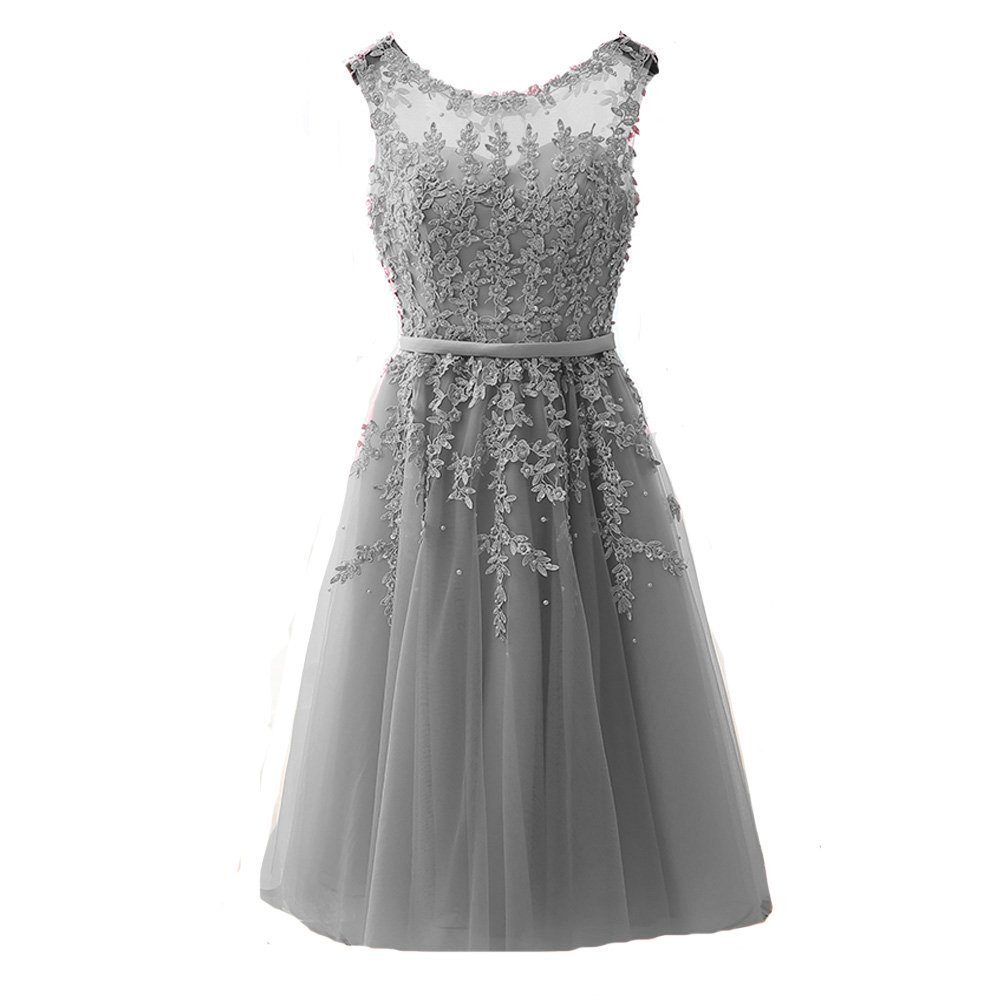 Kivary Sheer Tulle Bateau Tea Length Short Lace Pearls Prom Homecoming Dresses G