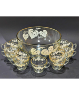 Anchor Hocking Grape Leaf Pattern Punch Bowl Set with 11 Cups Gold Trim ... - £27.86 GBP