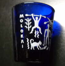 Molokai Hawaii Shot Glass Blue Glass White Print Native Symbols Illustrations - £6.38 GBP
