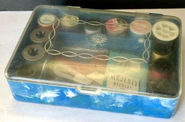 Vintage HOMMER Mid Century Blue Sewing Box w/ Thread &amp; Contents - £11.97 GBP