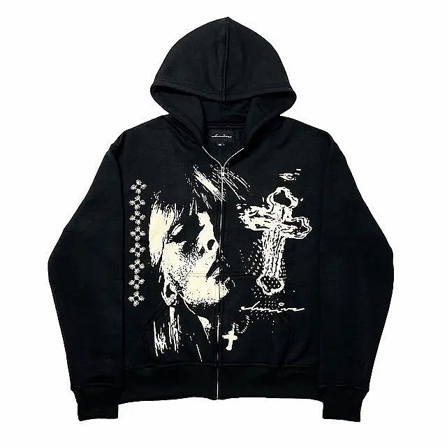 New black loose zipper hoodie men  cross head print street Harajuku oversized sw - $133.07