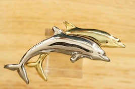 Vintage Costume Jewelry Liz Claiborne Silver &amp; Gold Swimming Dolphins Brooch Pin - £14.11 GBP