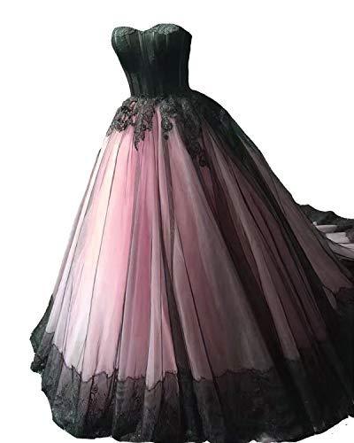 Kivary Plus Size Black Lace Tulle Ball Gown Gothic Long Prom Wedding Dress Pink