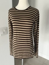 Womens Striped Pullover T-Shirt Top Small Brown/Camel Long Sleeve Cotton... - £15.63 GBP
