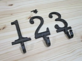 3 Cast Iron Coat Hooks 1 2 3 Numbers Numbered Rustic Hallway Entryway Old Style  - £11.00 GBP