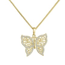 Beautifull! Silver 14K Yellow Gold Plated Round CZ Butterfly Pendant Gift - £51.45 GBP