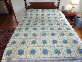 Vtg. 70-Block Crocheted FLOWER Lavender Blue, Green, Natural AFGHAN - 55&quot; x 79&quot; - £38.75 GBP