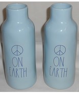 Pair RAE DUNN Peace On Earth 8 3/4&quot; tall BLUE VASES Artisan Collection  - $39.59