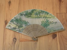 Japanese Art Print Silk Hand Folding Fan Fashion Decor Water Ink Mountai... - $14.85