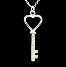 HEART KEY Rhinestone Necklace Vintage Pendant Silvertone  20-24&quot; Length BMNY - £20.56 GBP
