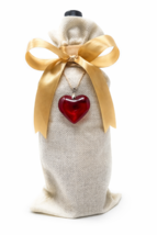 Rustic White Burlap Wine Bottle Gift Bag w/ Gold Ribbon &amp; Red Heart Charm - $16.80