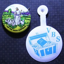 Vintage Jesus Good Shepherd Pinback Button &amp; Vacation Bible School Badge Vbs - £7.77 GBP