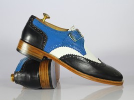 Bespoke Multi Color Leather Wing Tip Buckle Up Shoes, Men Monk Strap Dress Shoes - £116.53 GBP+