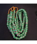 Vintage venetian african style green glass chevron 10mm beads long stran... - $46.00