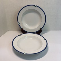 Mikasa Townaire 2 Rimmed Soup Bowls White Blue Green Band 8.5&quot; - £23.39 GBP