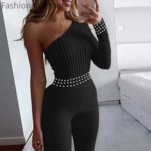 Single Shoulder Long Sleeve Beads Design Solid Color Jumpsuit - £30.33 GBP