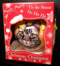 E&S Pets Christmas Ornament Silver Tabby Cat Kitten with Yellow Ribbon Boxed - $6.99