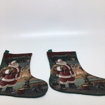 2 Christmas Stockings Santa &amp; Toys - Front is Tapestry Looking w/ Green ... - £12.05 GBP