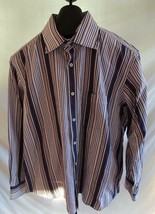 Bugatchi Uomo Blue Yellow Brown White Striped Button down Shirt Mens Size XL - £15.81 GBP