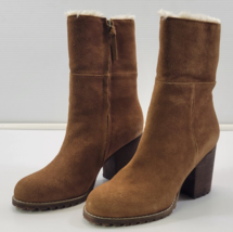 *E) Saks Fifth Avenue Cognac Zipper Heel Suede Boots Booties Fur 8.5M - $74.24