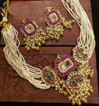 Indian 1 Gram Gold Plated Bollywood Style Pachi Kundan Necklace Ruby Jewelry Set - £190.45 GBP