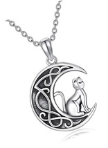 Cat Necklace 925 Sterling Silver Cat Moon Necklace - £95.81 GBP