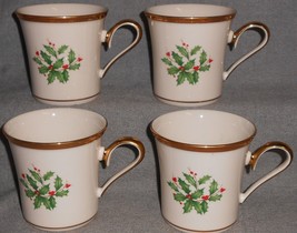 Set (4) Lenox HOLIDAY PATTERN 8 oz BONE CHINA Handled Mugs MADE IN USA - $98.99